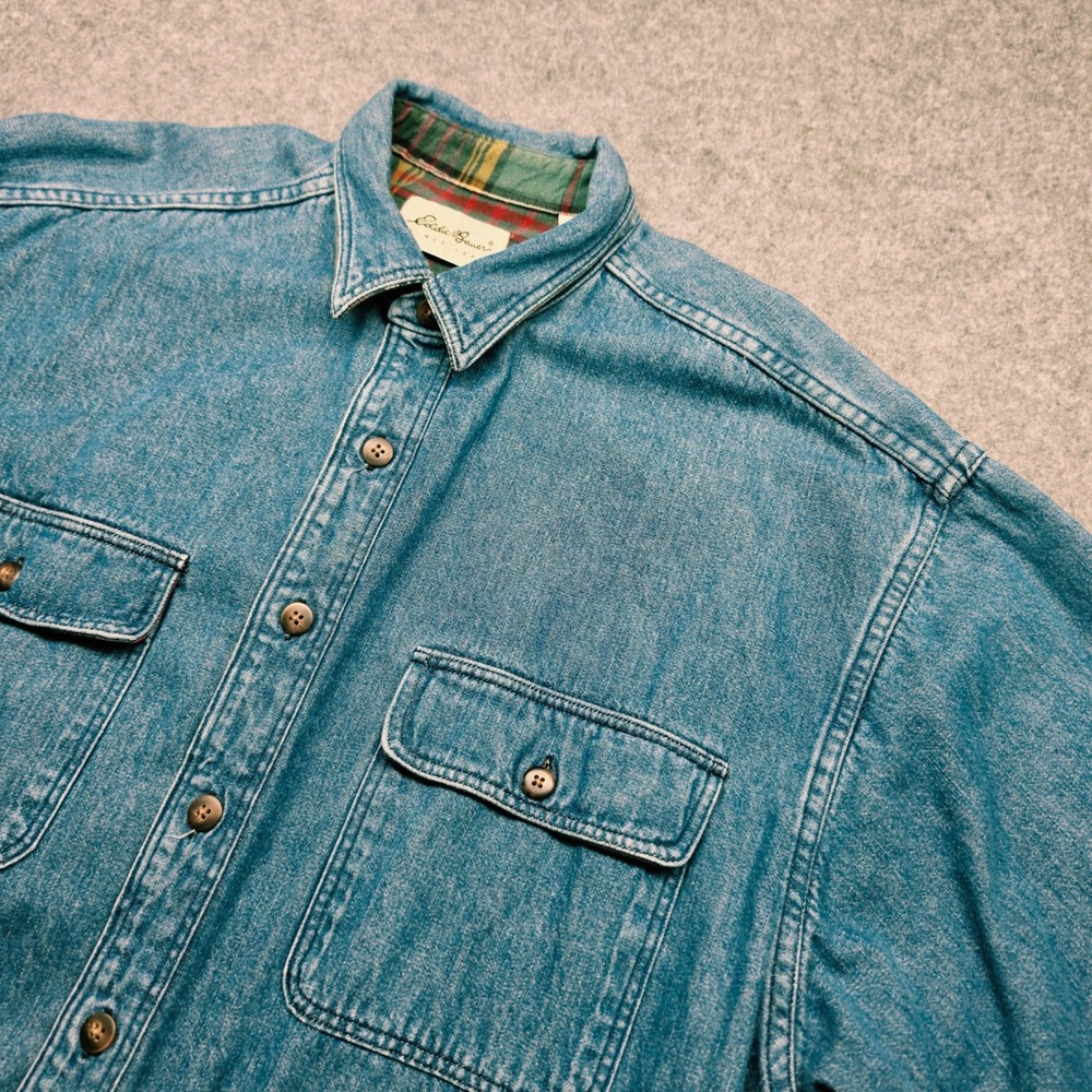 Eddie Bauer Made in USA VTG  Men Blue Denim Flannel Lined Button Down Shirt XL - Picture 4 of 15